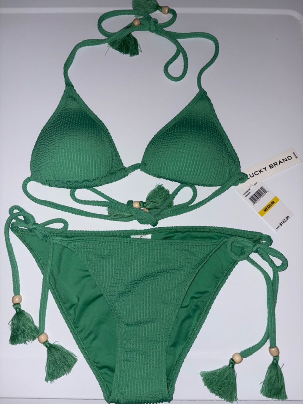 Lucky Brand Emerald Green Textured Tassel Bikini Set